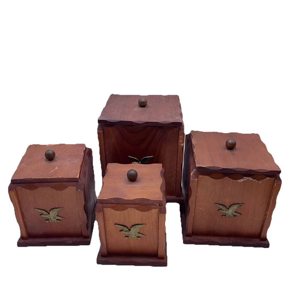 Mid Century Wood 4pc Canister set American Eagle and Stars‎ Kitchen Storage